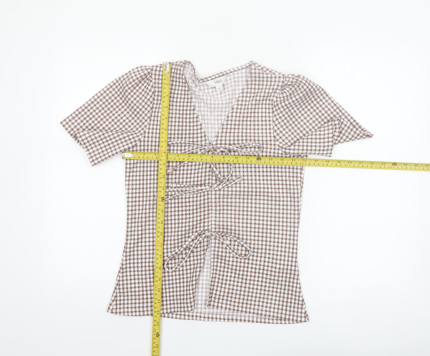 Marks and Spencer Women's Brown Check Wrap Blouse Size 8