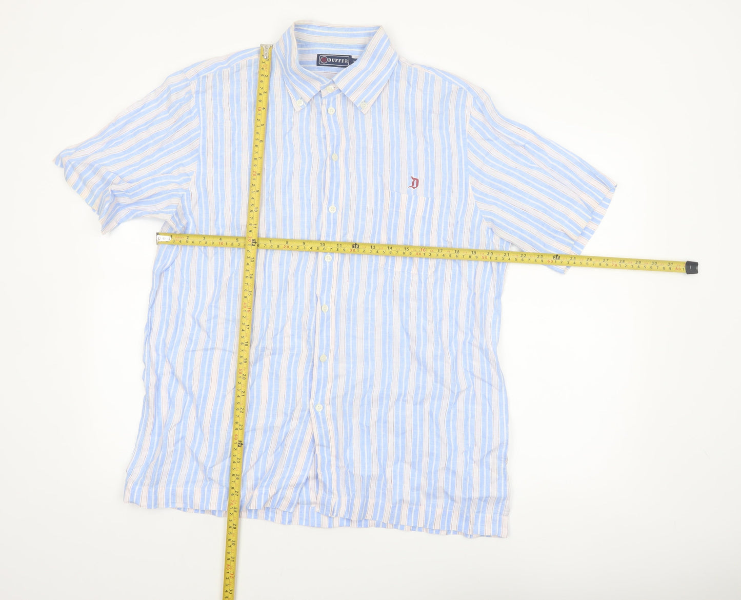 Duffex Men's Blue Striped Linen Short Sleeve Button-Up Shirt XL