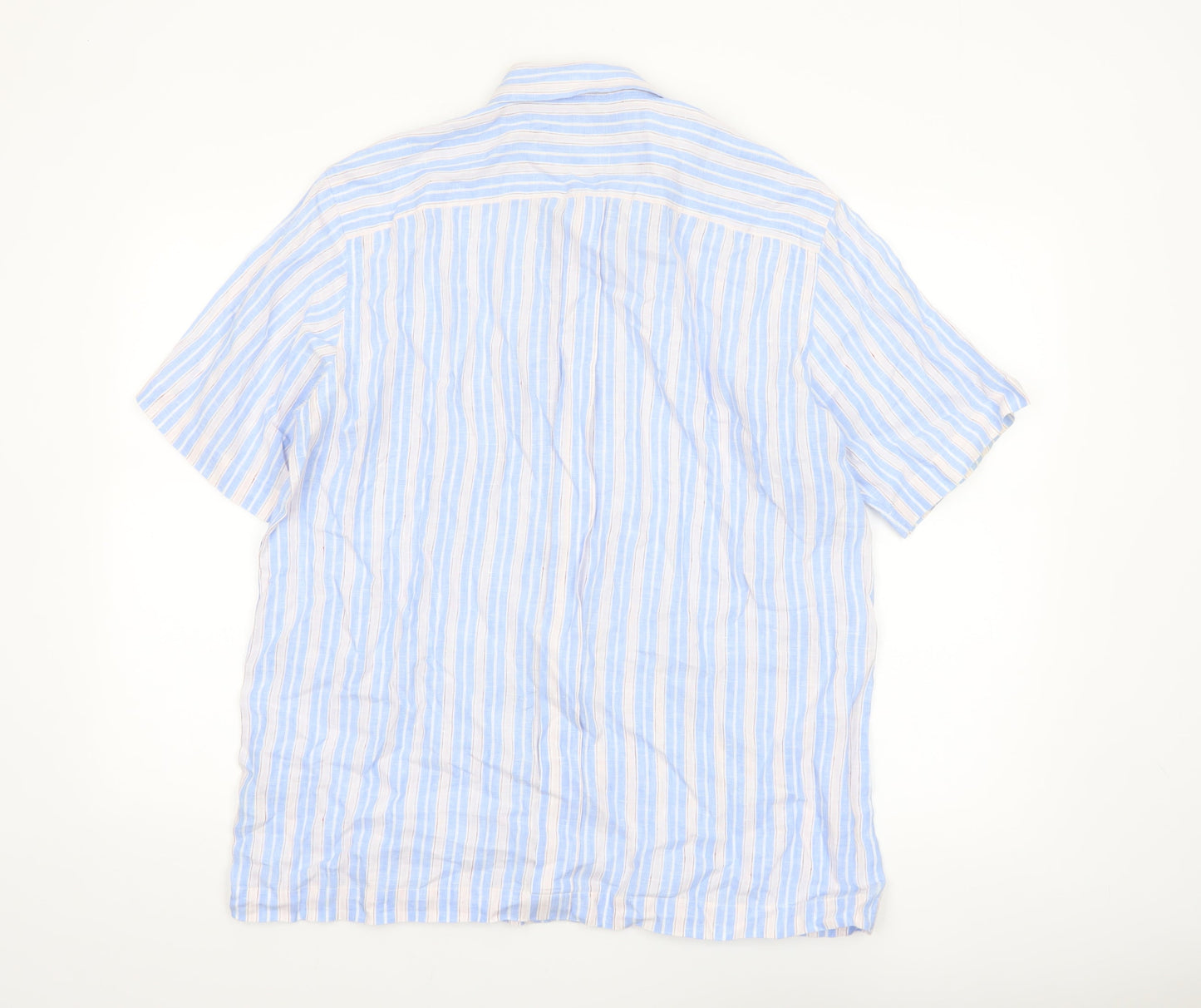 Duffex Men's Blue Striped Linen Short Sleeve Button-Up Shirt XL