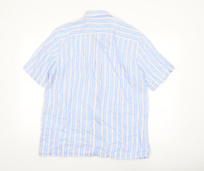 Duffex Men's Blue Striped Linen Short Sleeve Button-Up Shirt XL