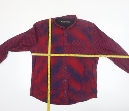 Ben Sherman Men's Red Check Long Sleeve Cotton Button-Up Shirt L