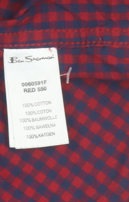 Ben Sherman Men's Red Check Long Sleeve Cotton Button-Up Shirt L