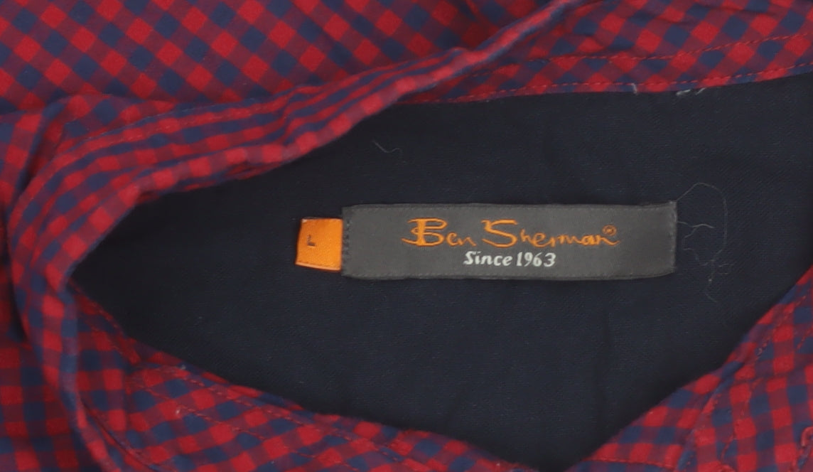 Ben Sherman Men's Red Check Long Sleeve Cotton Button-Up Shirt L