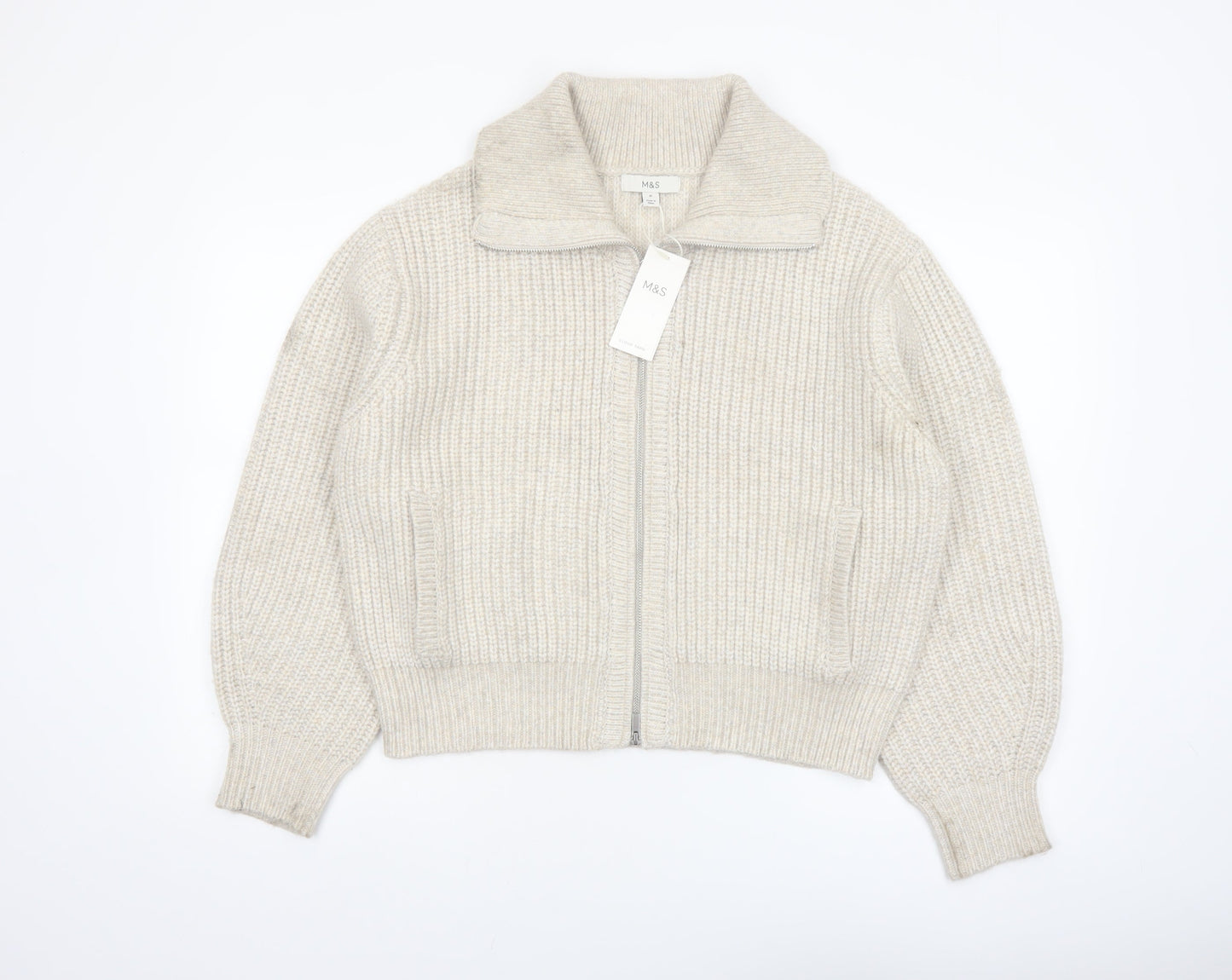 Marks and Spencer Women’s Beige Collared Full Zip Chunky Knit Jumper M