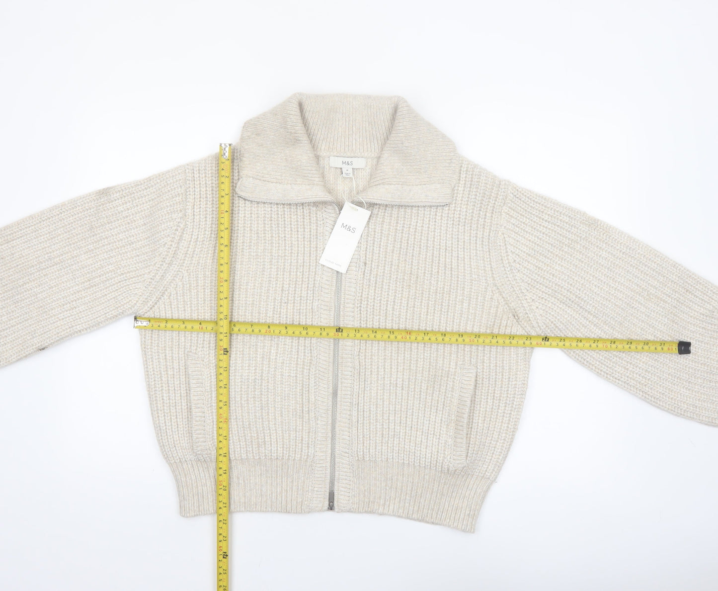 Marks and Spencer Women’s Beige Collared Full Zip Chunky Knit Jumper M
