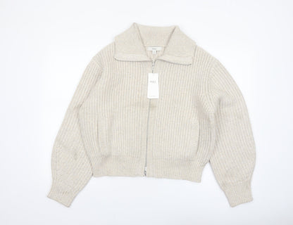 Marks and Spencer Women's Beige Collared Full Zip Chunky Knit Jumper M