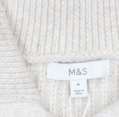 Marks and Spencer Women's Beige Collared Full Zip Chunky Knit Jumper M