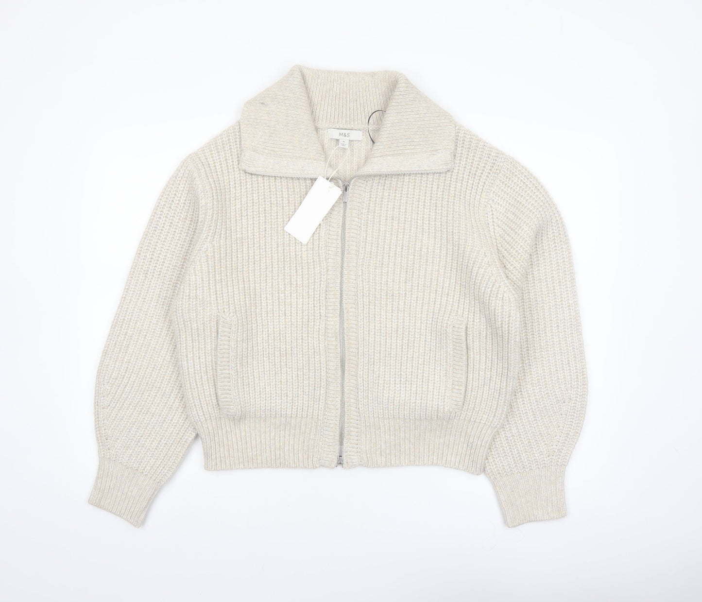 Marks and Spencer Women Beige Collared Full Zip Knit Jumper M
