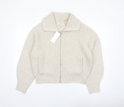 Marks and Spencer Women Beige Collared Full Zip Knit Jumper M