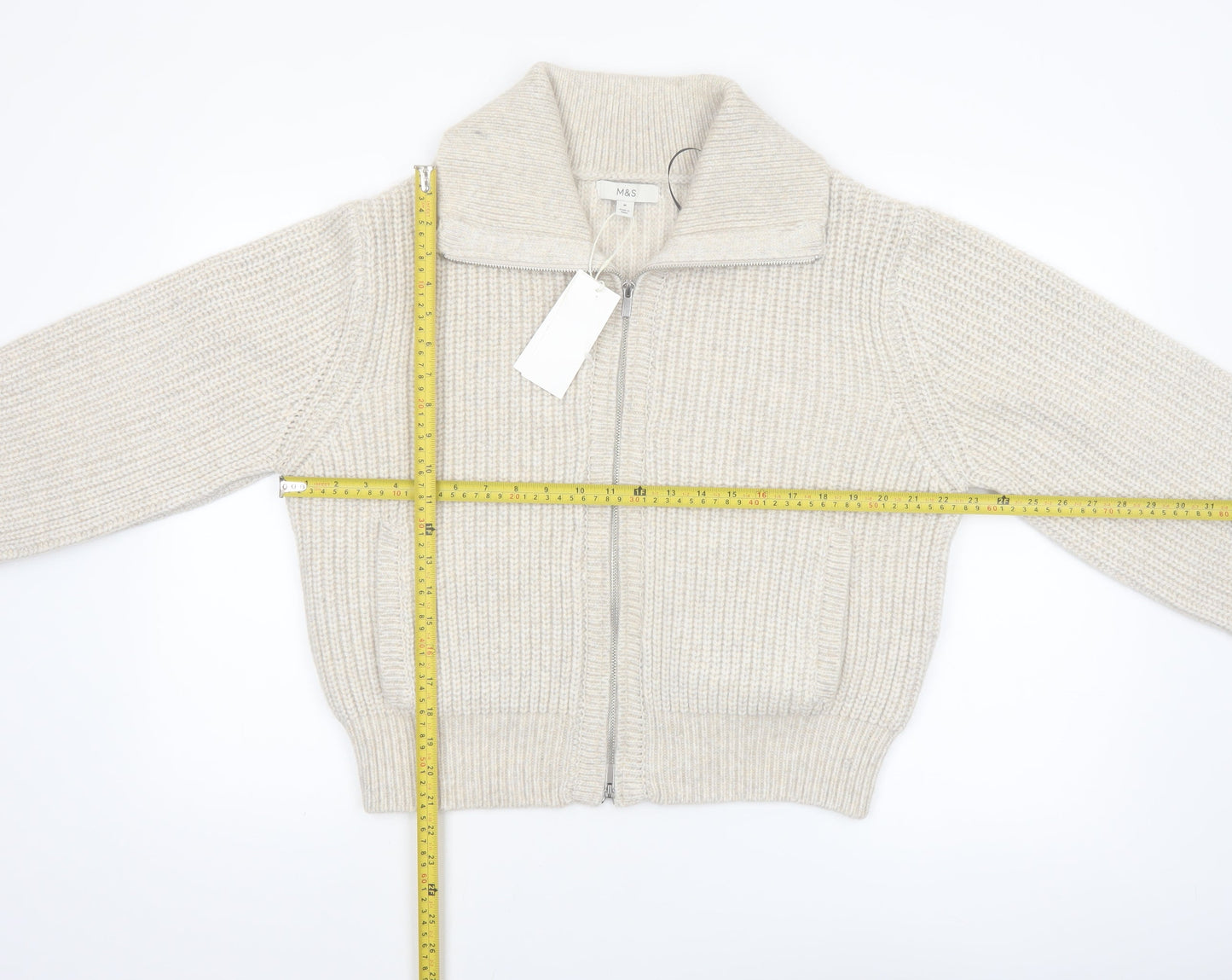 Marks and Spencer Women Beige Collared Full Zip Knit Jumper M