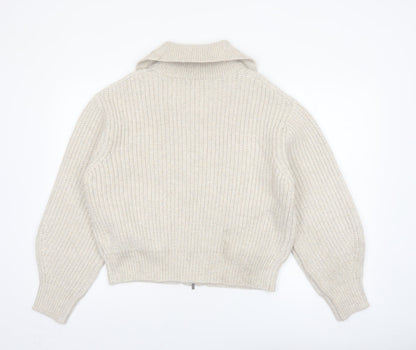 Marks and Spencer Women Beige Collared Full Zip Knit Jumper M