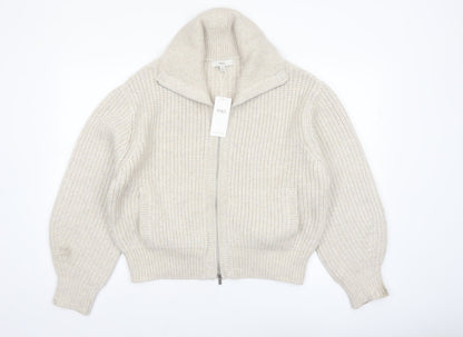 Marks and Spencer Women Beige Chunky Knit Full Zip High Neck Jumper M
