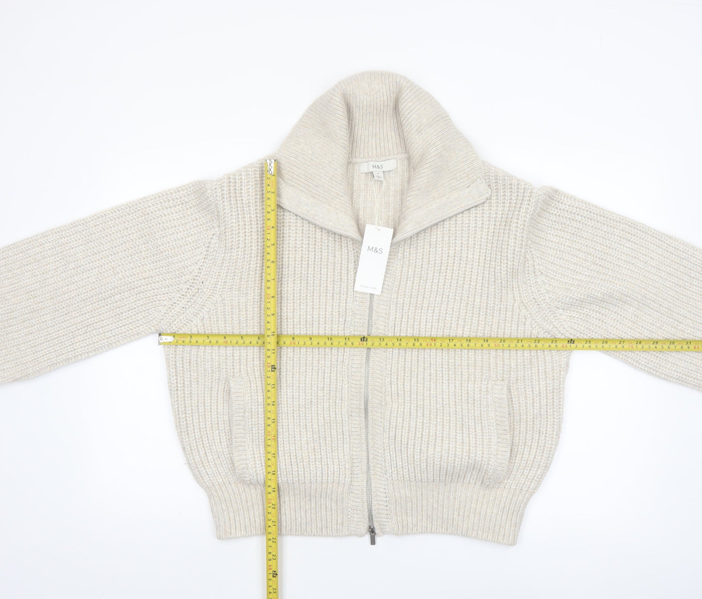 Marks and Spencer Women Beige Chunky Knit Full Zip High Neck Jumper M