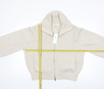 Marks and Spencer Women Beige Chunky Knit Full Zip High Neck Jumper M