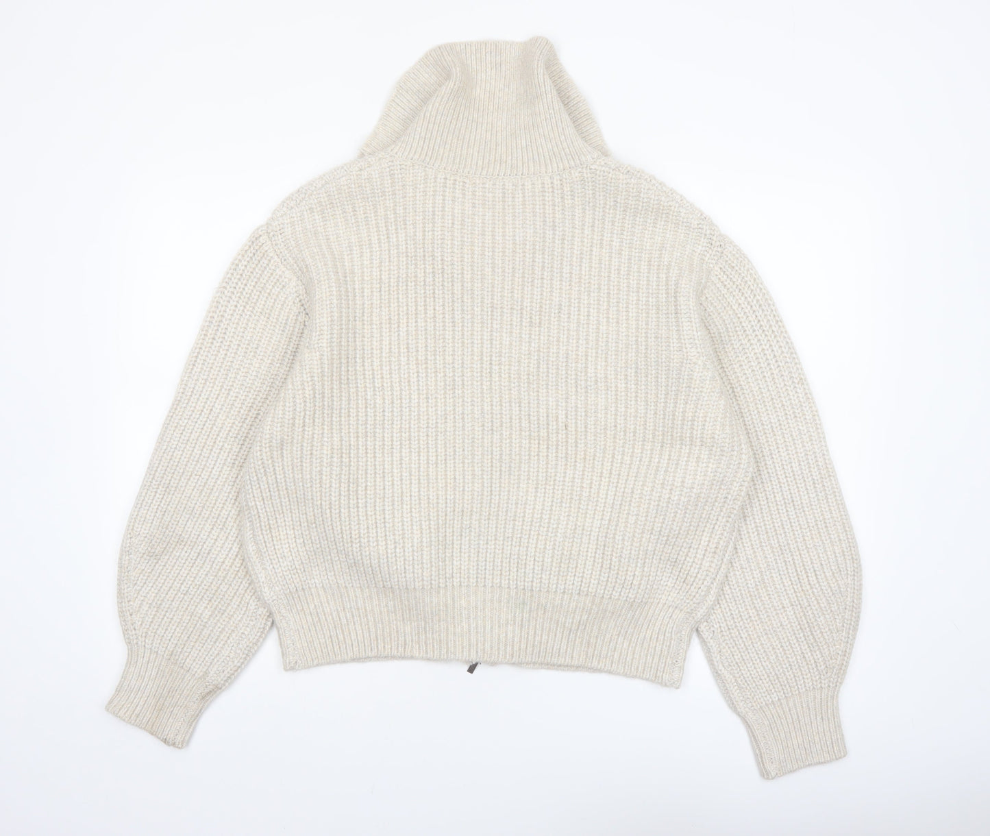 Marks and Spencer Women Beige Chunky Knit Full Zip High Neck Jumper M