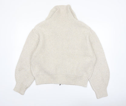 Marks and Spencer Women Beige Chunky Knit Full Zip High Neck Jumper M