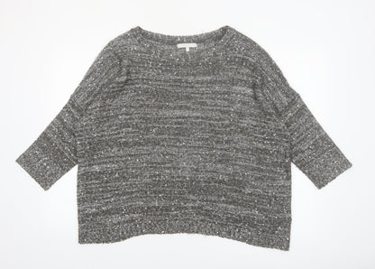 Next Women Grey Sequin Knit 3/4 Sleeve Crew Neck Pullover Jumper L