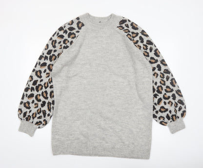 Tu Women Grey Leopard Balloon Sleeve Knit Jumper Size 16