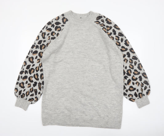 Tu Women Grey Leopard Balloon Sleeve Knit Jumper Size 16