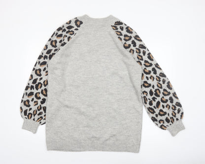 Tu Women Grey Leopard Balloon Sleeve Knit Jumper Size 16