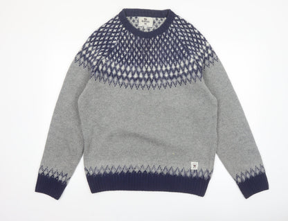 Bellfield Men's Grey Fair Isle Knit Crew Neck Jumper Size L