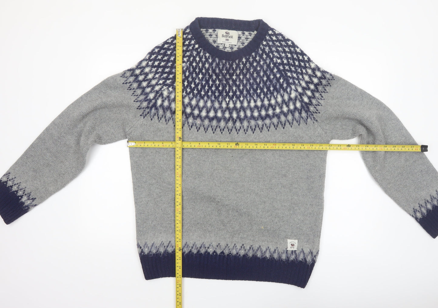 Bellfield Men's Grey Fair Isle Knit Crew Neck Jumper Size L