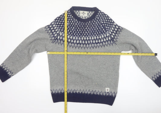 Bellfield Men's Grey Fair Isle Knit Crew Neck Jumper Size L