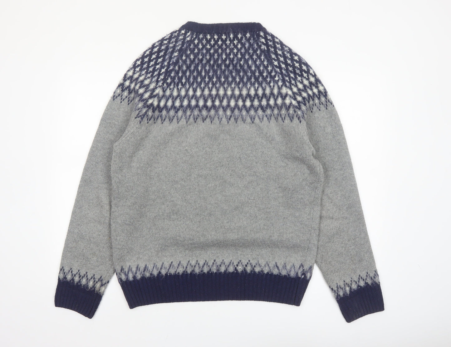 Bellfield Men's Grey Fair Isle Knit Crew Neck Jumper Size L