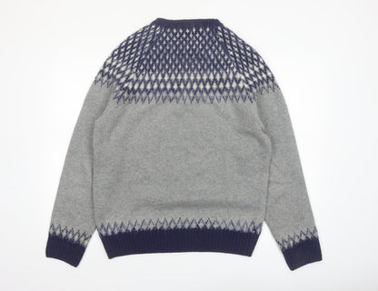 Bellfield Men's Grey Fair Isle Knit Crew Neck Jumper Size L