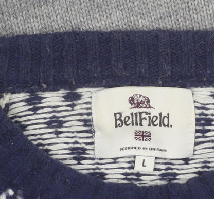 Bellfield Men's Grey Fair Isle Knit Crew Neck Jumper Size L