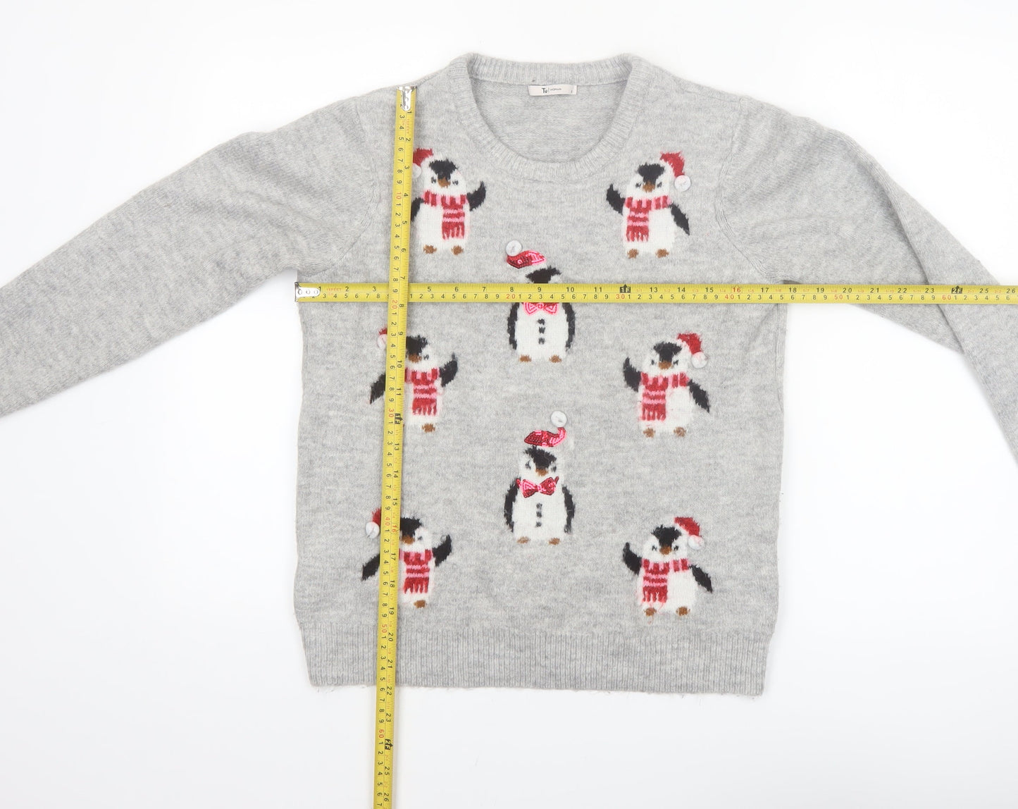 Tu Womens Grey Penguin Christmas Pullover Jumper Size 12