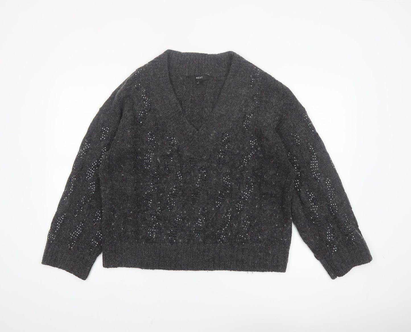 Next Womens Grey V-Neck Cable Knit Pullover Jumper Size L