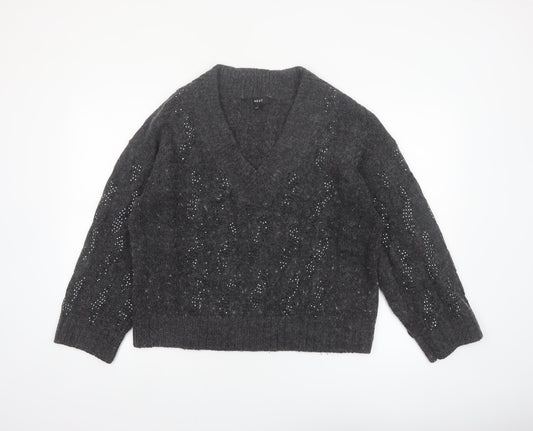 Next Womens Grey V-Neck Cable Knit Pullover Jumper Size L