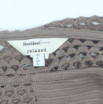 River Island Women Brown Crochet Cropped Blouse Size L Relaxed Fit