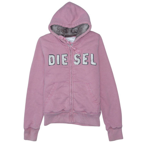 Diesel Womens Pink Full Zip Hoodie Medium Faux Fur Lined Sweatshirt