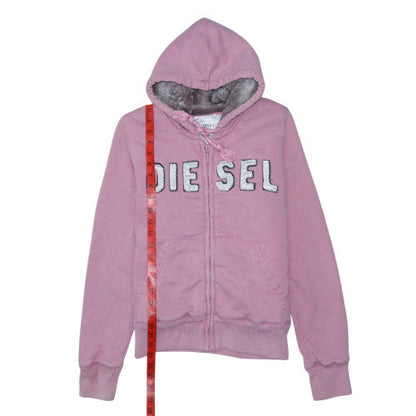 Diesel Womens Pink Full Zip Hoodie Medium Faux Fur Lined Sweatshirt