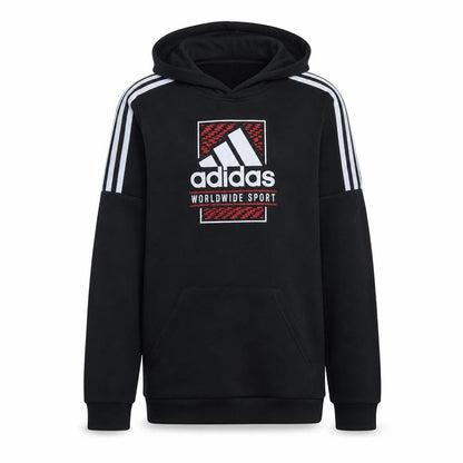 Adidas Boys Black Pullover Hoodie Worldwide Sport Logo Size 146