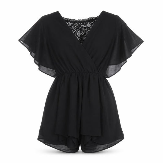 Miss Selfridge Black Lace V-Neck Chiffon Playsuit Women Size 10