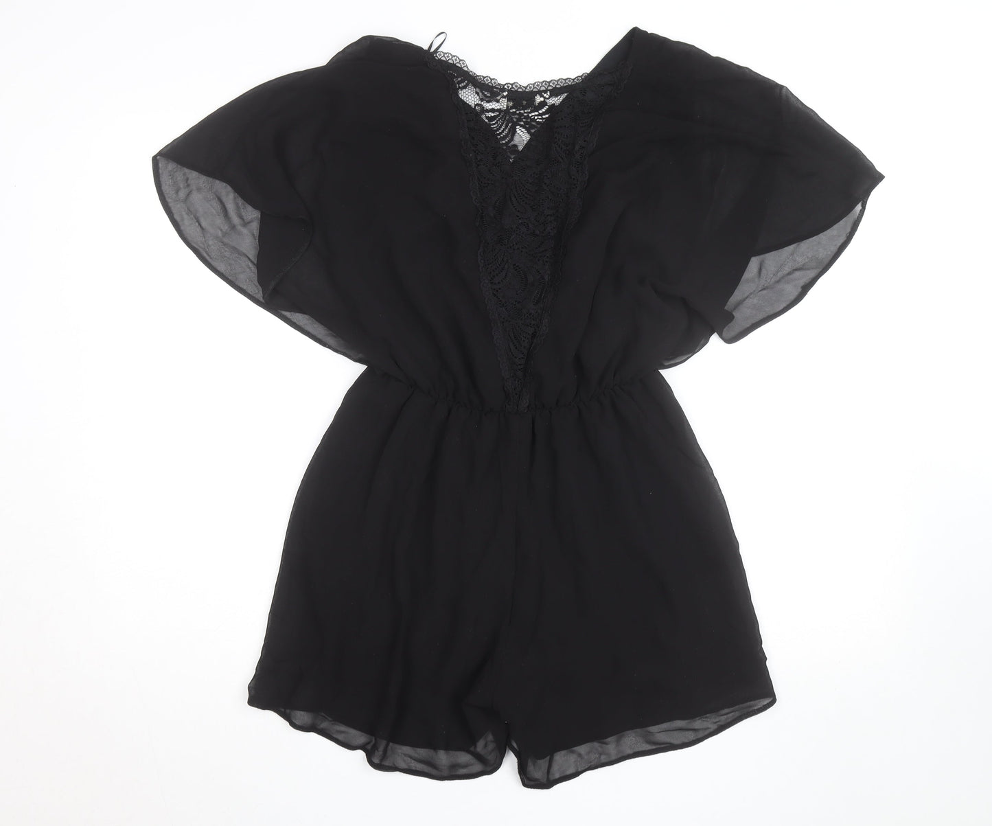 Miss Selfridge Black Lace V-Neck Chiffon Playsuit Women Size 10