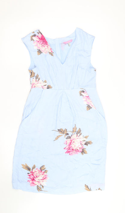 Joules Women Blue Floral Cotton Sleeveless Knee Length Shift Dress Size 10