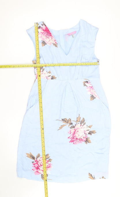 Joules Women Blue Floral Cotton Sleeveless Knee Length Shift Dress Size 10