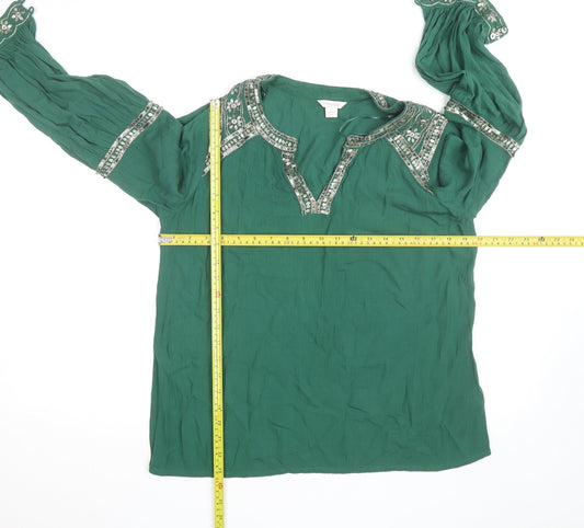 Monsoon Women Green Beaded Tunic Blouse UK 8 Viscose Long Sleeve