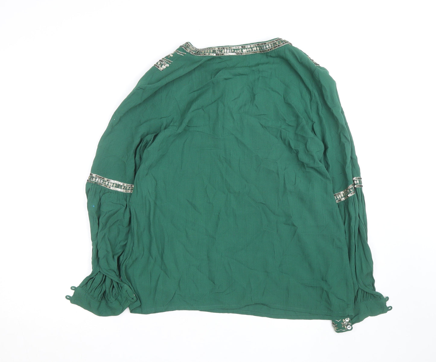 Monsoon Women Green Beaded Tunic Blouse UK 8 Viscose Long Sleeve
