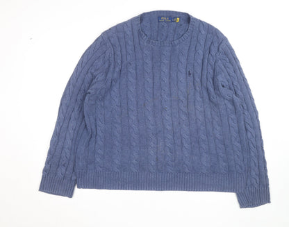 Polo Ralph Lauren Men's Blue Cable-Knit Wool Jumper Size L