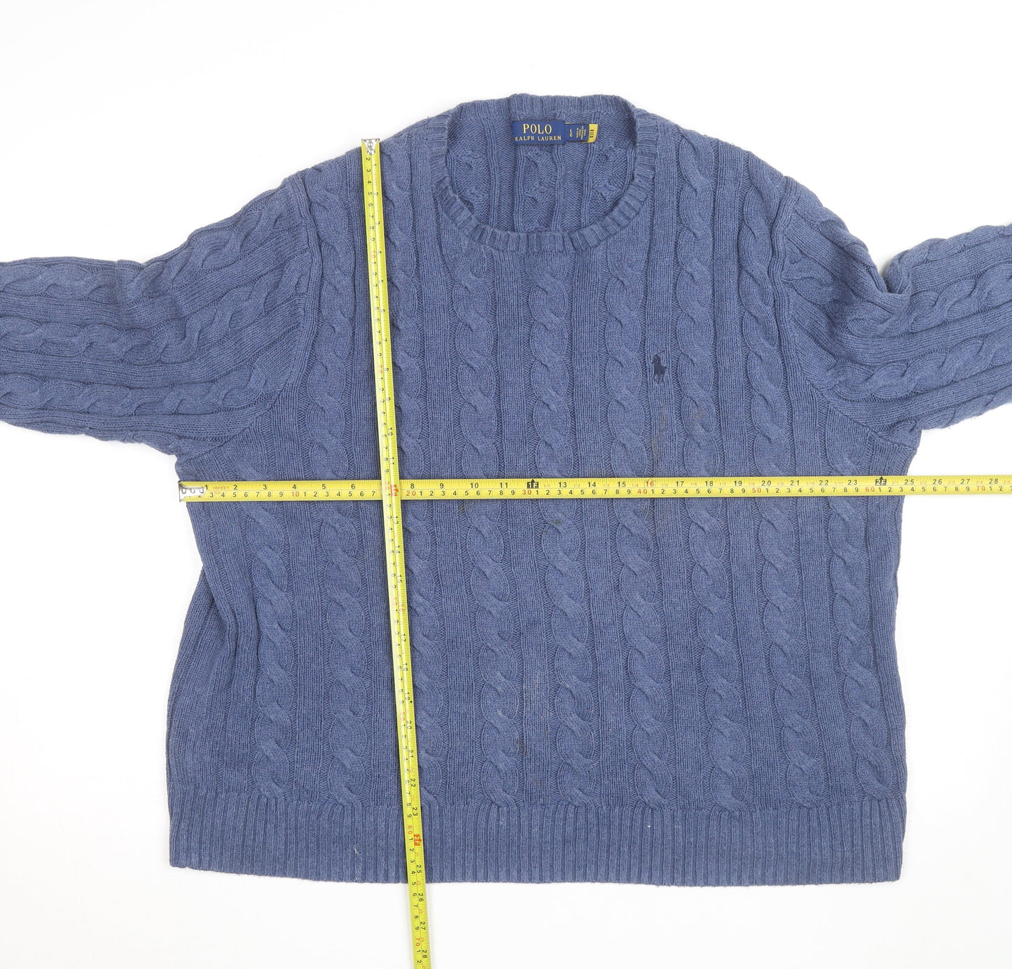 Polo Ralph Lauren Men's Blue Cable-Knit Wool Jumper Size L