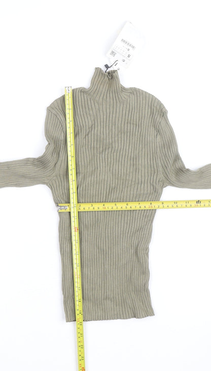 Zara Women Green Ribbed Mock Neck Long Sleeve Knit Top Size S