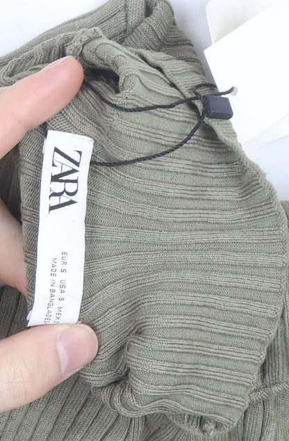 Zara Women Green Ribbed Mock Neck Long Sleeve Knit Top Size S