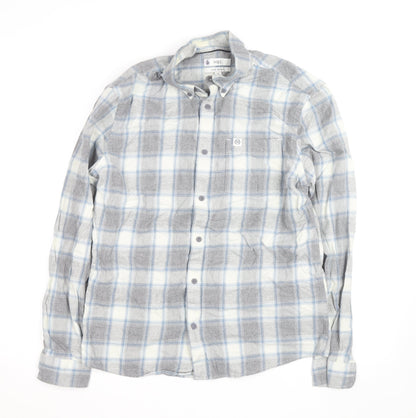 Marks and Spencer Men's Grey Check Flannel Button-Up Shirt L