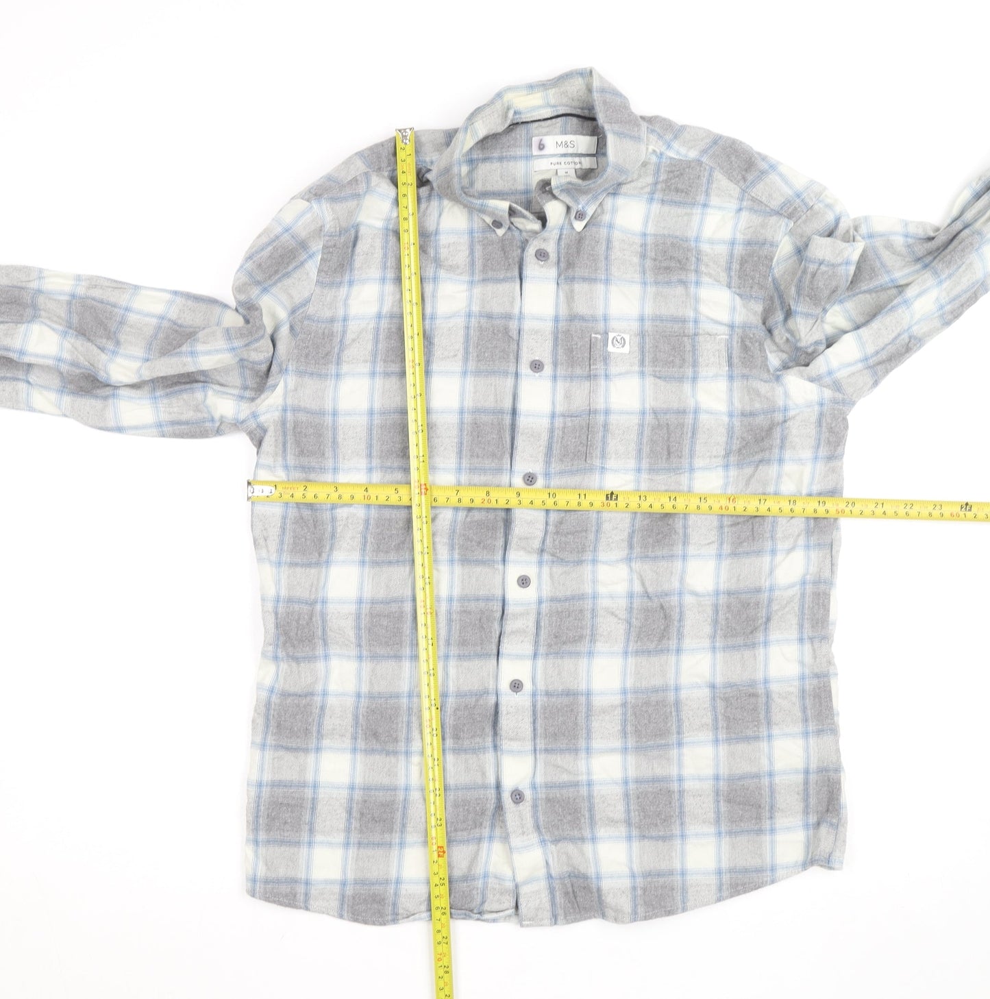 Marks and Spencer Men's Grey Check Flannel Button-Up Shirt L