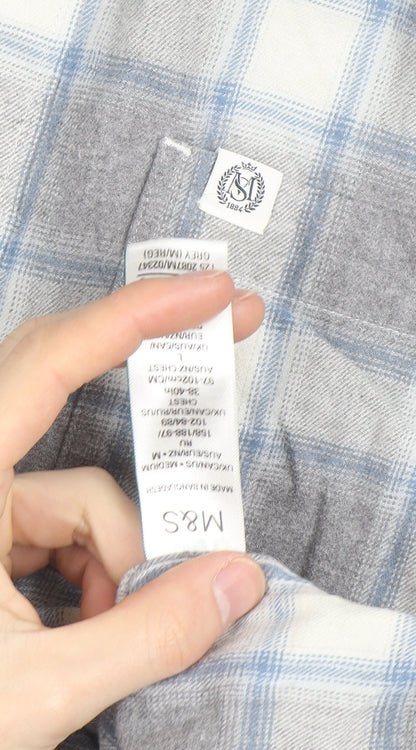 Marks and Spencer Men's Grey Check Flannel Button-Up Shirt L